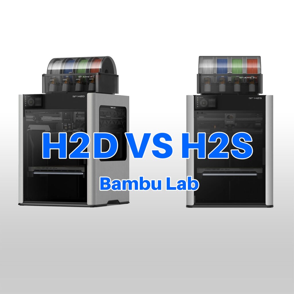 Compare_bambu_lab_H2D_vs_H2S | ⭐AzurMedia.fr Impression 3D à Nice, Scan 3D, Atelier de Conception ★★★ Comparatif visuel de la Bambu Lab H2D (double buse) et la H2S (simple buse) côte à côte.