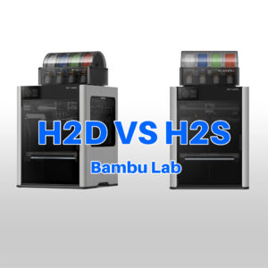 Comparatif visuel de la Bambu Lab H2D (double buse) et la H2S (simple buse) côte à côte.