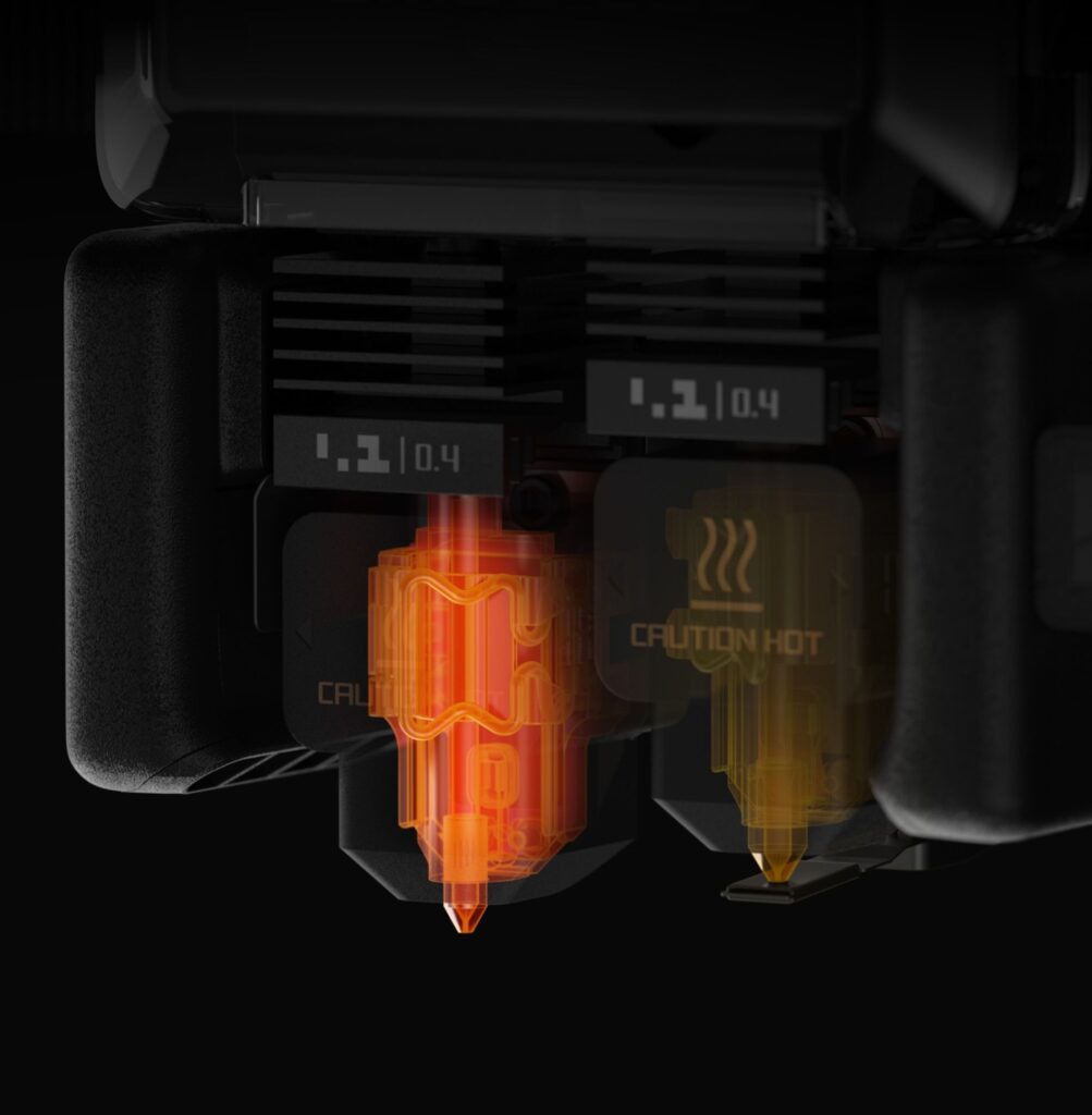 Close-up of the Bambu Lab H2D dual-nozzle print head, its main difference with the H2S