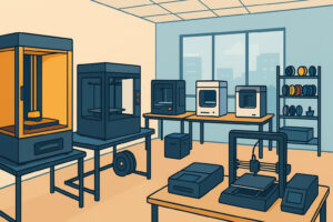 Illustration du parc machines d’AzurMedia à Nice, avec imprimantes 3D grand format, résine, fibre de carbone, découpe laser et impression multi-matériaux